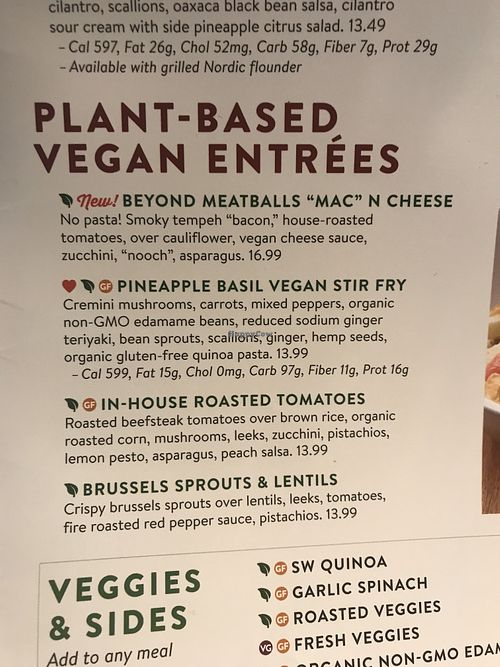 Listing of a few of the vegan options available! Everything is well labeled   at Silver Diner in Frederick