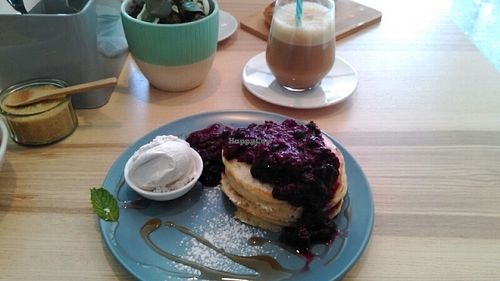 berry pancakes + iced coffee at Wombat Cafe & Store in Dromana