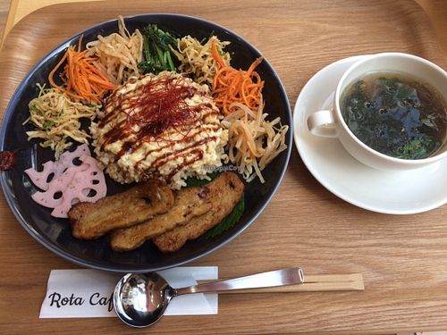 Korean bibimbap with fake egg made from Yuba (tofu skin). at Rota Cafe in Fukuoka