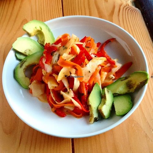 Marinated Carrot and Daikon Radish noodles with Avocado slices. at HooRaw Sunshine Coast Vegan + Market in Sechelt