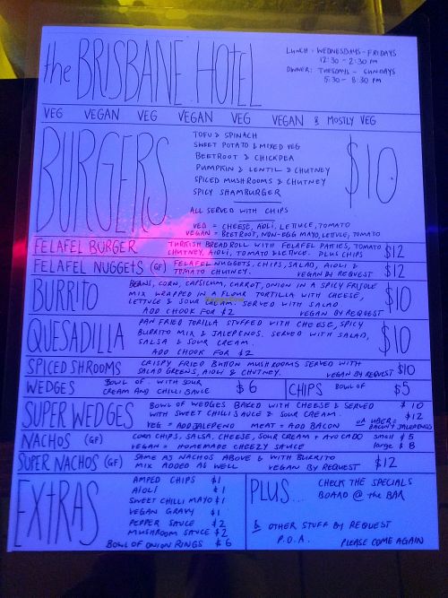 The menu at The Brisbane Hotel in Hobart