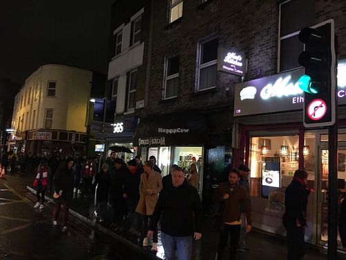 Busy outside after the Arsenal match  at Cookies and Scream - Drayton Park in North London