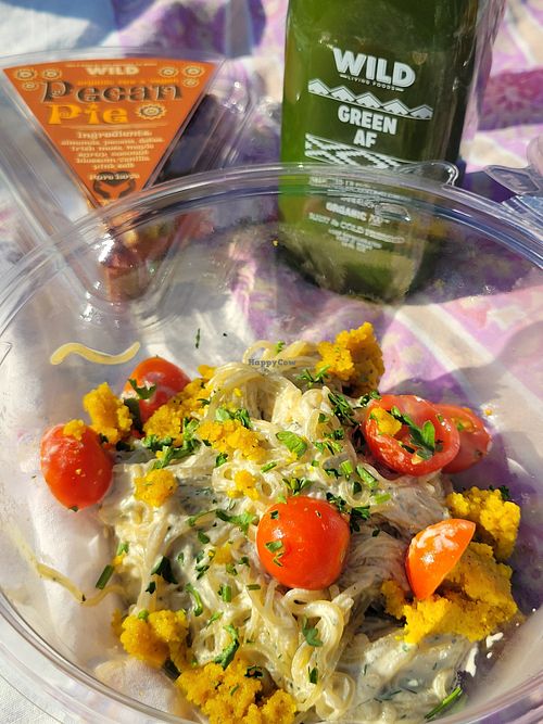 Kelp noodles, raw pecan pie and green juice- so nice but $45 at an outside event at Wild Living Foods in Los Angeles