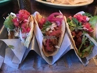 From left to right 
1/2 eaten Beer Battered Avocado Taco
Jackfruit Taco
Black bean / Pineapple Taco at Tacos & Beer in Las Vegas