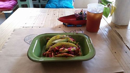 Delicious breaded tofu tacos. By far the greatest vegan taco I've ever had. I forgot what the drink was called but it was also very delicious. It's made with lemonade, brown sugar and chia seeds. at Chia Fonda Vegana in Guadalajara