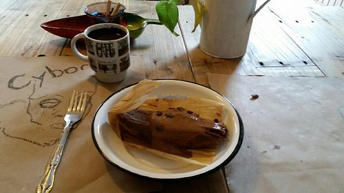 Vegan chocolate tamale with a cup of black coffee. at Chia Fonda Vegana in Guadalajara