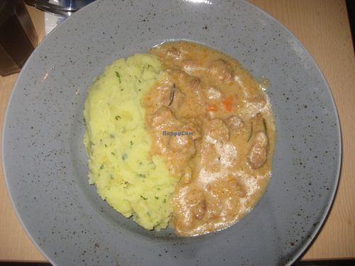 From the set menu at lunchtime:  mashed potato, root vegetable sauce and soy chunks at Waipawa - Vršovice in Prague