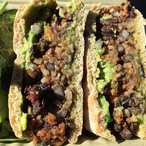Bean burger on spelt flour bun w avocado spread at Naked Lunch in Cherry Hill