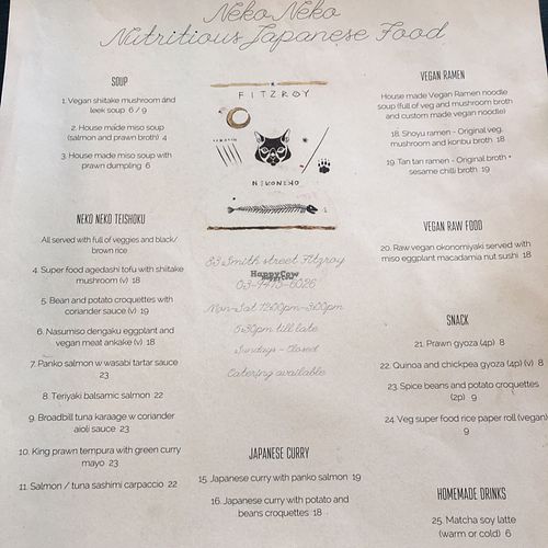 menu. vegan specific titles and (v) marking other options at Neko Neko in Fitzroy
