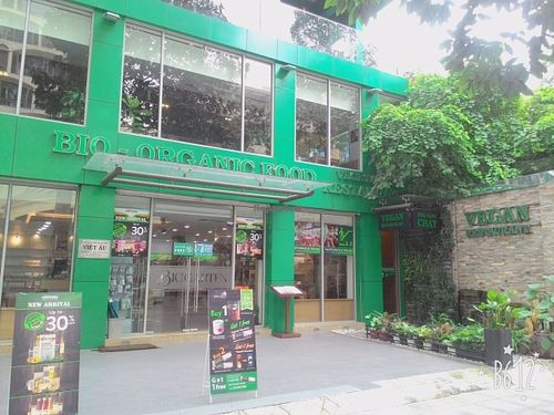 The green building with Organic shop on ground floor, Vegenterian Restaurant on 1st and 2nd floor with beautiful interior design at Biogarten Restaurant in Ho Chi Minh City