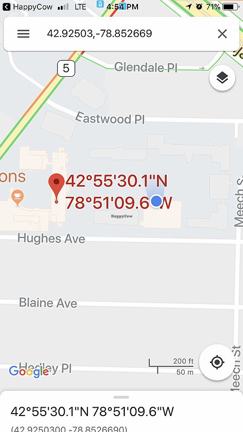 Maps took me to the red mark, dining hall is where I was in blue. at Pitchforks in Buffalo