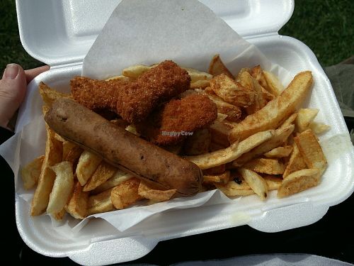 Vegan sausage, vegan nuggets and chips.  at Sizzlers in Bude
