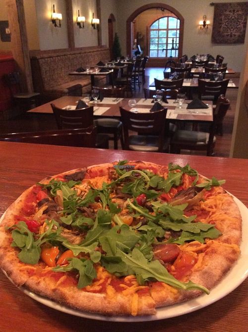 Brick stone stove baked vegan pizza, Daiya available at Terrafina at Hester Creek in Oliver