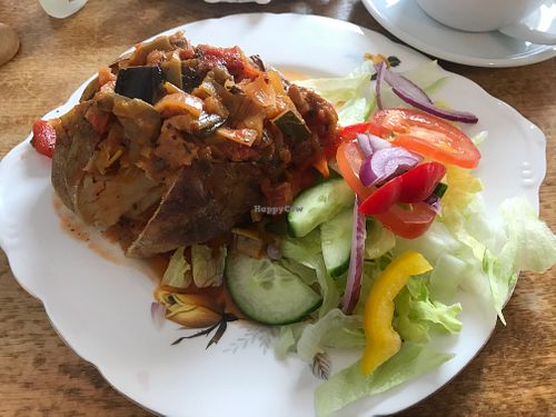 Vegan Tart with jacket spud and salad instead of the usual option vegan tart with pastry base at Violets Tea Rooms in Bridgnorth
