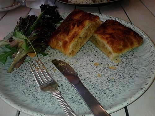 Cheesy lentil pasty and salad at Wildflower Creative Kitchen in Newcastle Upon Tyne