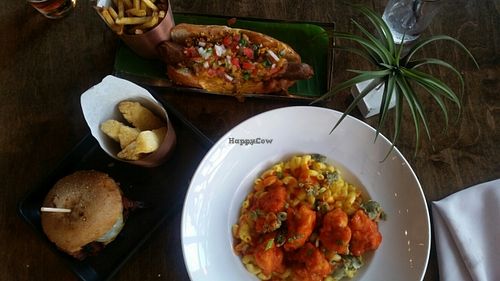 Chili dog, buffalo mac and brisket sandwich  at V-Eats in Dallas