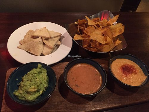 pick 3 dips - guacamole, chili con quest, paprika n bean hummus at V-Eats in Dallas