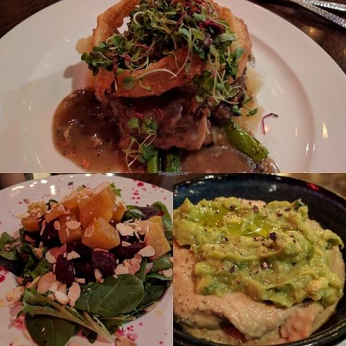 Avacado and jalapeño hummus, citrus beet salad and the salsbury steak. at V-Eats in Dallas