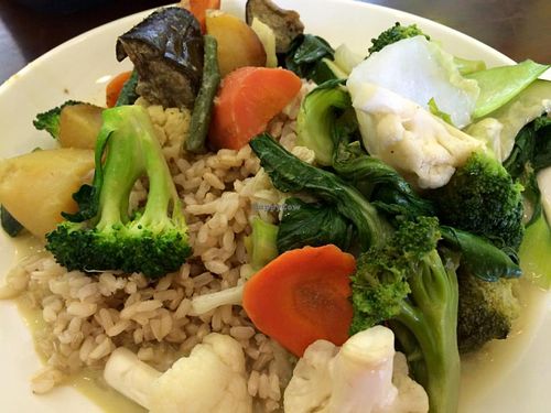 Green curry and stir fried veggies with brown rice at Veggie Time - Veg Out Time in St Kilda