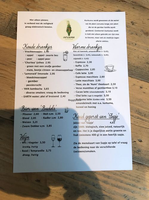 Drinks menu at Lunchcafe Curcuma in Gouda