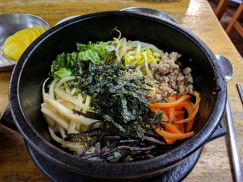 maek sure to say no meat!!! omg i wasnt expecting minced beef... at Myeongshin 명신식당 in Seoul