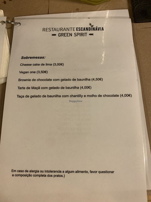 The dessert menu  at Escandinavia Green Spirit in Fuseta