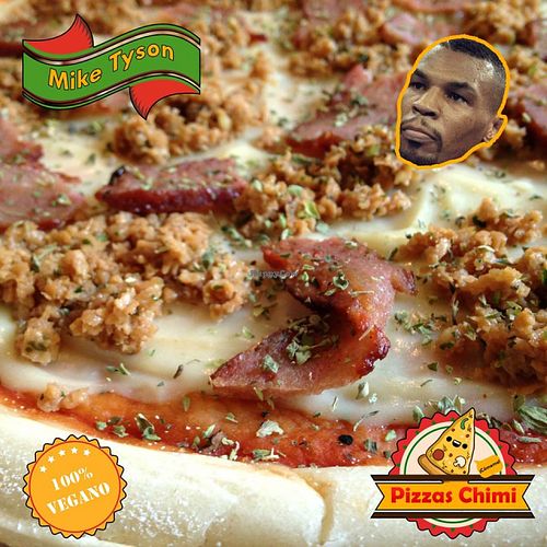 PIZZA MIKE TYSON, mozzarella made from oat milk, grounded soy meat, vegan bacon :D A tough pizza for tough people :P at Pizzas Veganas Chimi in La Plata