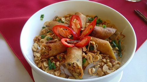 Fresh noodles with fried spring rolls at P&B Restaurant in Hoi An