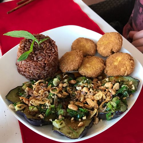 Wednesday set menu brown rice lemongrass tofu cakes and peanut aubergines  at P&B Restaurant in Hoi An