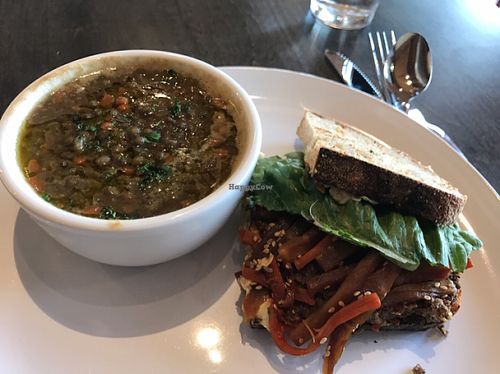 1/2 sandwich and lentil soup at Field & Fire Cafe in Grand Rapids