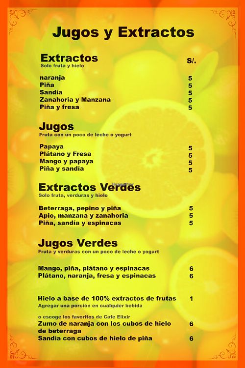 Cafe Elixir Menu for juices and smoothies, in Spanish at Elixir Restaurante Pucallpa in Pucallpa