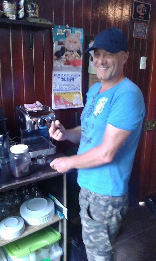 our friend erick doing his own coffe, in the end we did his coffe like every day at Elixir Restaurante Pucallpa in Pucallpa
