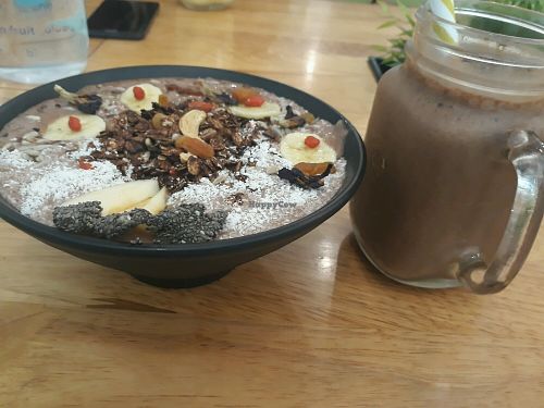 Cocoa smoothie bowl and mocha smoothie drink at Nourish Cafe in Yangon