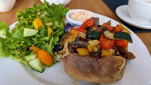 Jacket Potato With Houmous & Roast Vegetables at The Hextol Tans Coffee Shop and Vegetarian Cafe in Hexham
