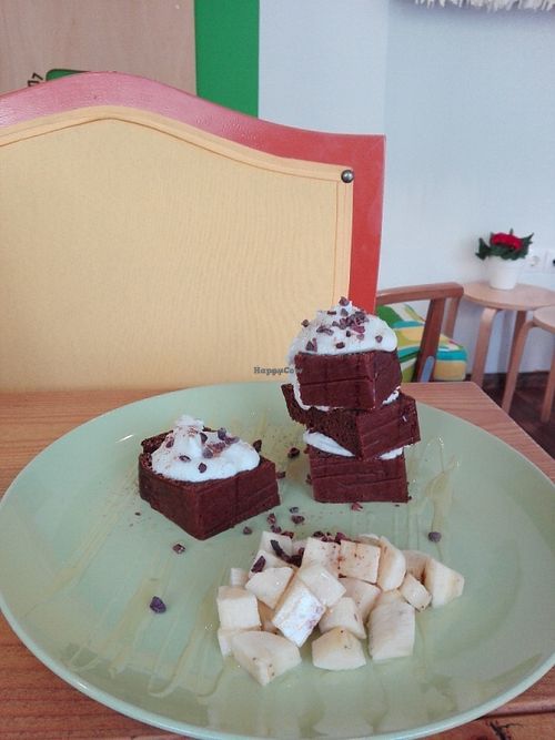 Choco-Banana Cake with coconut frosting! at To Bazaki Juice Bar in Chalandri