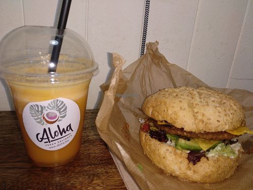 Liquado y vegan burger. at Aloha Vegan Delights in Valencia