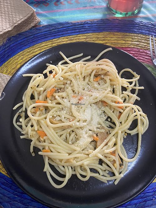 Pasta w/Vegan Ham, Carrots, and Cheese (Yum)  at Los Alebrijes Veg in Mexico City