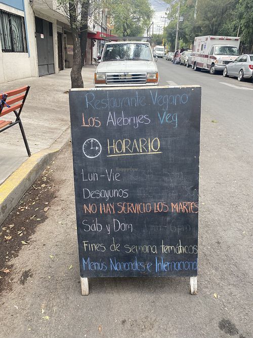 Outdoor Signage w/Outdoor Seating  at Los Alebrijes Veg in Mexico City