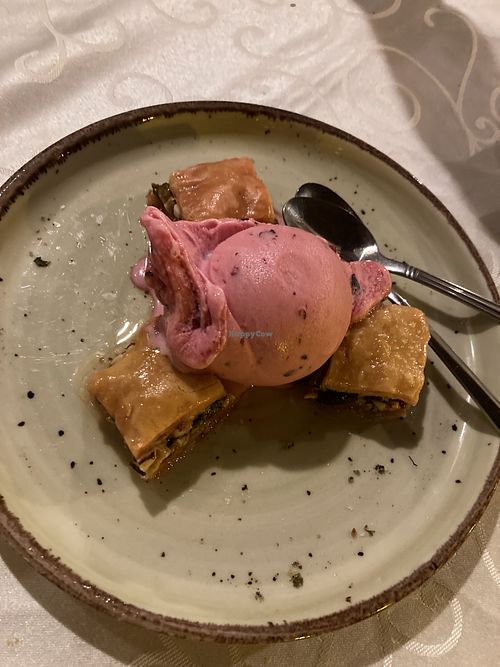 Baklava and raspberry sorbet  at Windmill Restaurant in Paphos