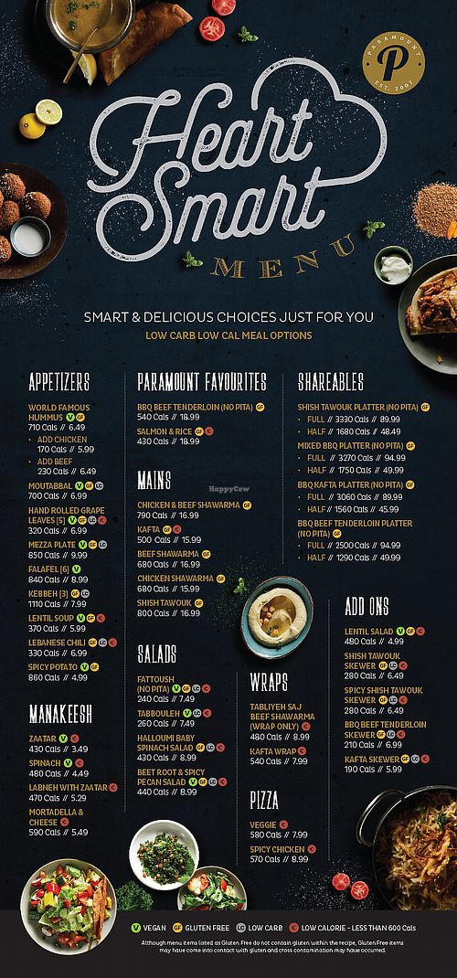 Heart Smart menu (vegan indicators) at Paramount Fine Foods in Mississauga