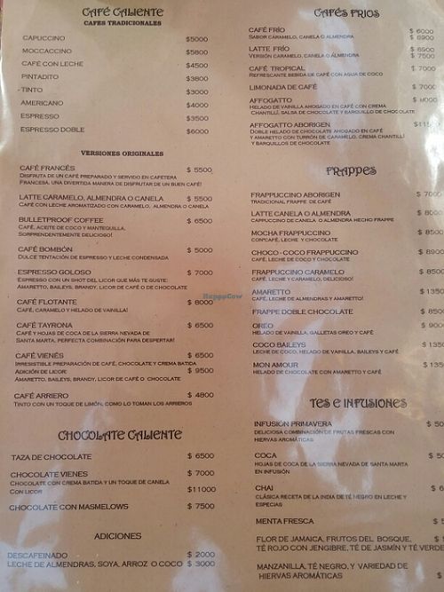 Hot drinks menu  at Aborigen in Santa Marta