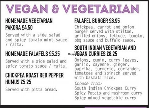 Vegan and vegetarian section of their current menu. at The Record Factory in Glasgow