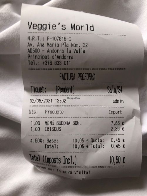 Receipt  at Veggie's World in Andorra La Vella