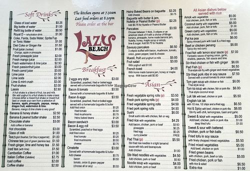 Menu page 1 at Lazy Beach in Koh Rong