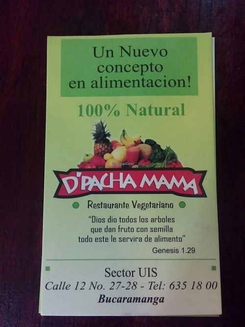 Business card  at D'Pachamama in Bucaramanga