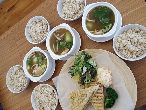 Pumpkin sandwich with vegan Japanese mash potato instead of fries, veggie soups, brown rice at Yi Ke Shu - Tanjung Bungah in Penang