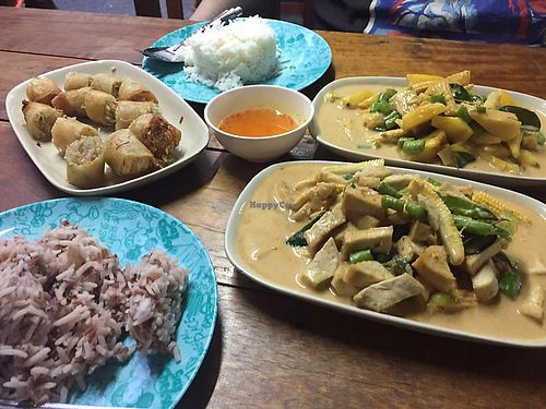 pineapple curry, tofu curry and spring rolls  at Number One Vegetarian in Bangkok