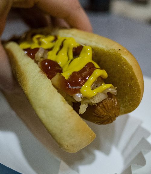 Vegan dog with ketchup, mustard, kraut and relish at Cheffini's Hot Dogs in Las Vegas
