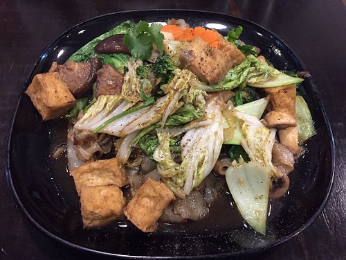 Vegies and tofu with rice noodles (hidden underneath) - without mock meat at my request at Huong Viet in Footscray