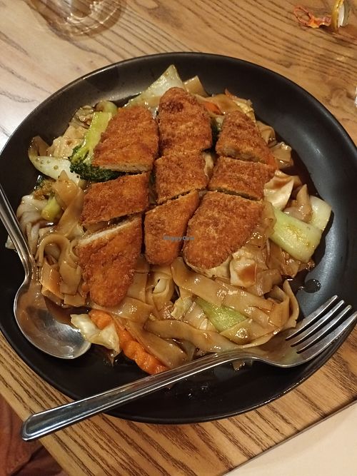 Stir fried noodles and plant chicken at Aroy in Upper Hutt